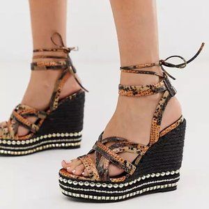 ASOS DESIGN Josephina tie leg espadrille wedges in snakeskin